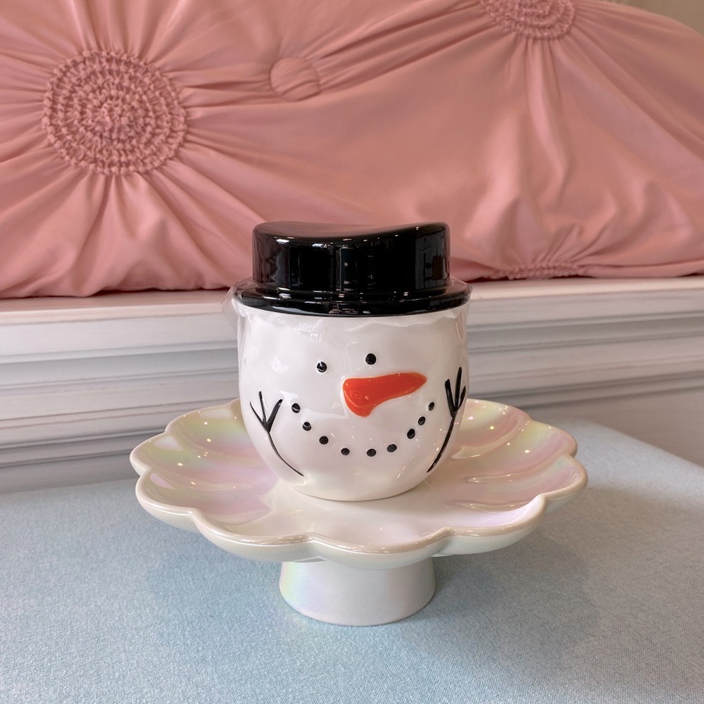 FINAL PRICE - Lang White Snowman with Black Top Hat Sugar Jar/ Small Candy Jar